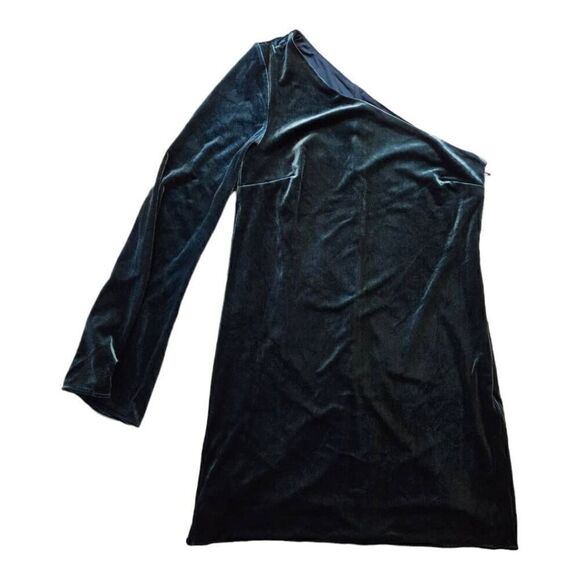 French Connection Velvet One Shoulder Party Semi-Formal Mini Dress Deep Green 6 - Picture 2 of 6